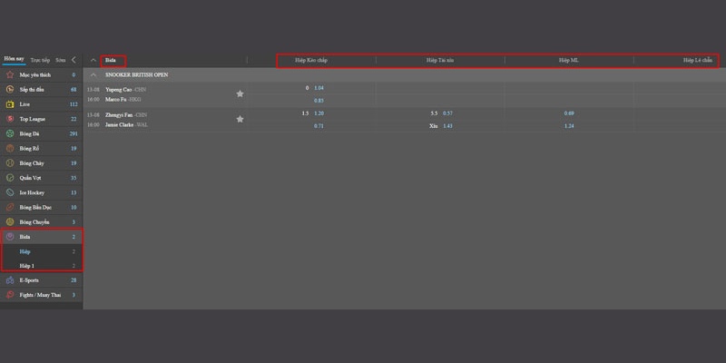Loại cược kèo Tài Xỉu Bida